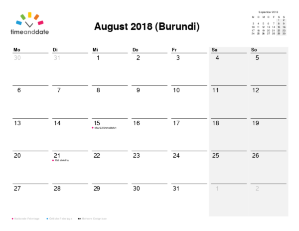 Kalender für 2018 in Burundi