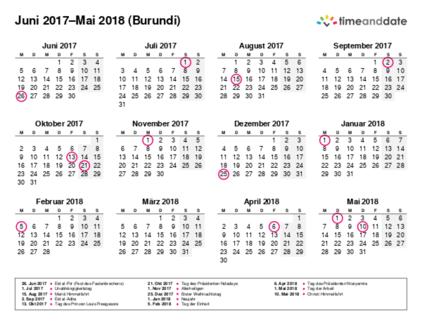 Kalender für 2017 in Burundi