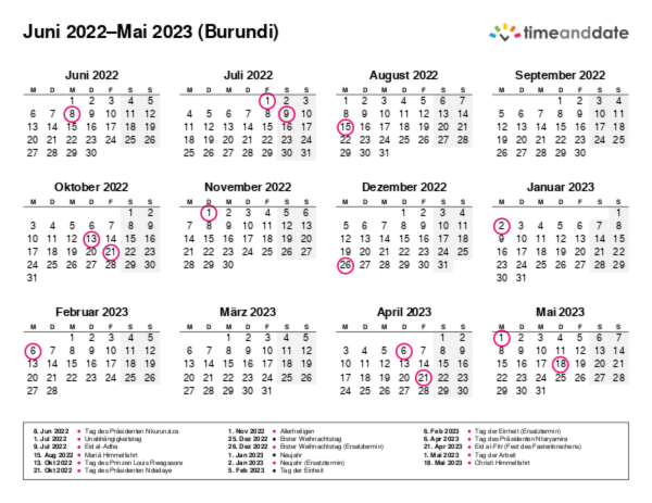 Kalender für 2022 in Burundi