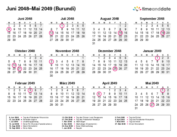 Kalender für 2048 in Burundi