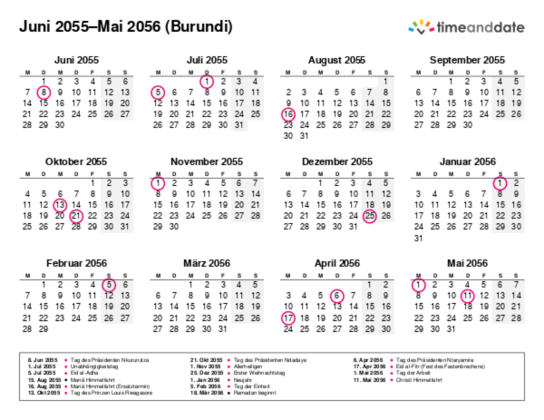 Kalender für 2055 in Burundi
