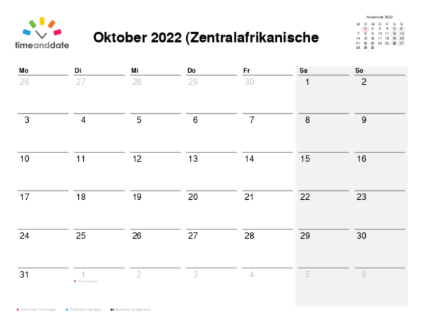Kalender für 2022 in Zentralafrikanische Republik