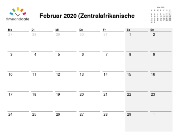 Kalender für 2020 in Zentralafrikanische Republik