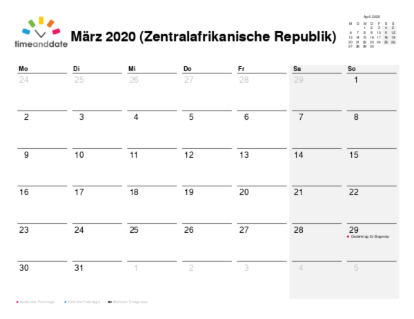Kalender für 2020 in Zentralafrikanische Republik