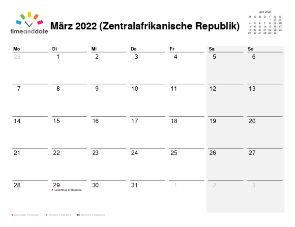 Kalender für 2022 in Zentralafrikanische Republik