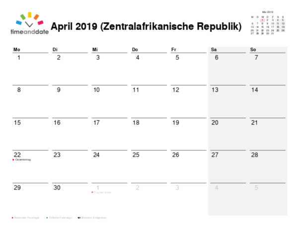 Kalender für 2019 in Zentralafrikanische Republik