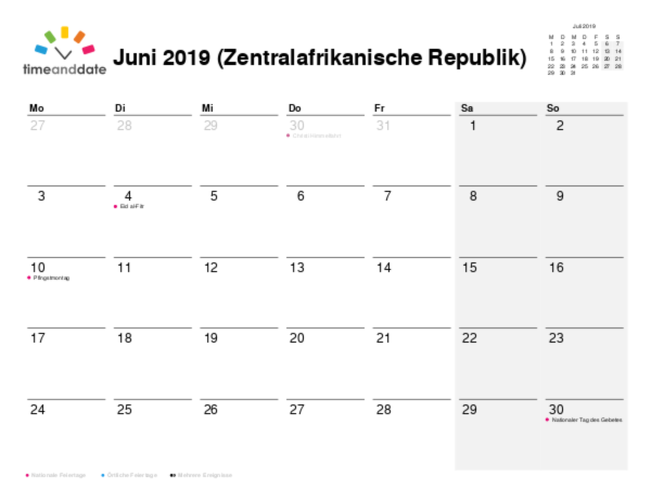 Kalender für 2019 in Zentralafrikanische Republik