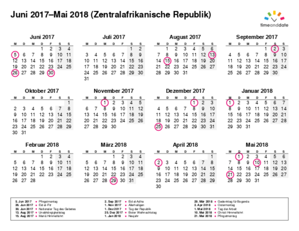Kalender für 2017 in Zentralafrikanische Republik