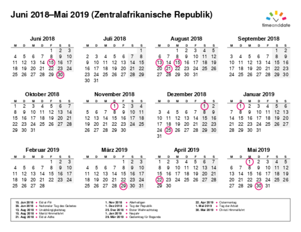 Kalender für 2018 in Zentralafrikanische Republik