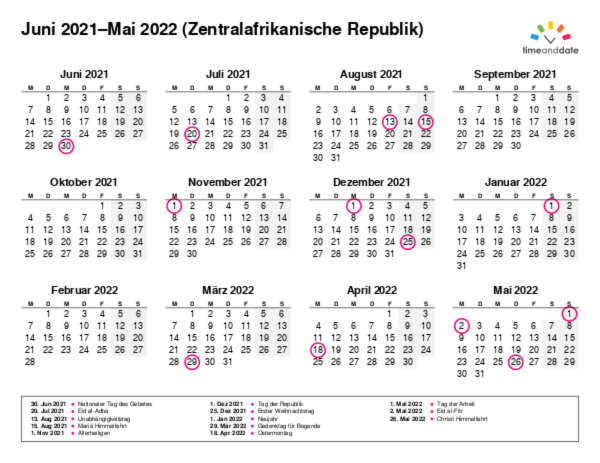 Kalender für 2021 in Zentralafrikanische Republik