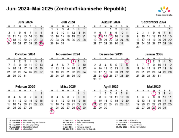 Kalender für 2024 in Zentralafrikanische Republik