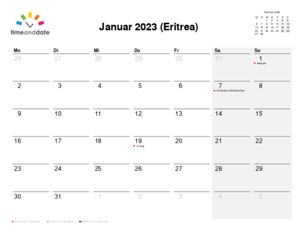 Kalender für 2023 in Eritrea
