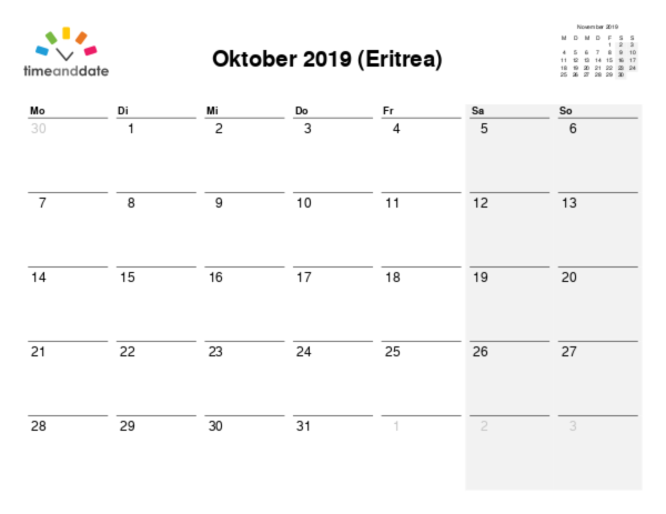Kalender für 2019 in Eritrea