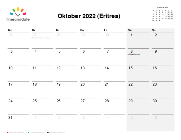 Kalender für 2022 in Eritrea