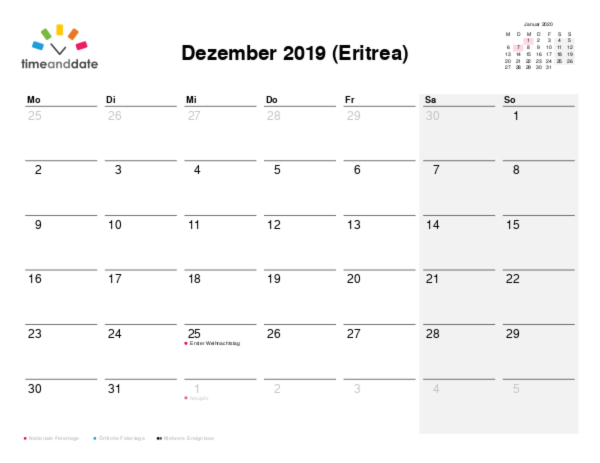 Kalender für 2019 in Eritrea