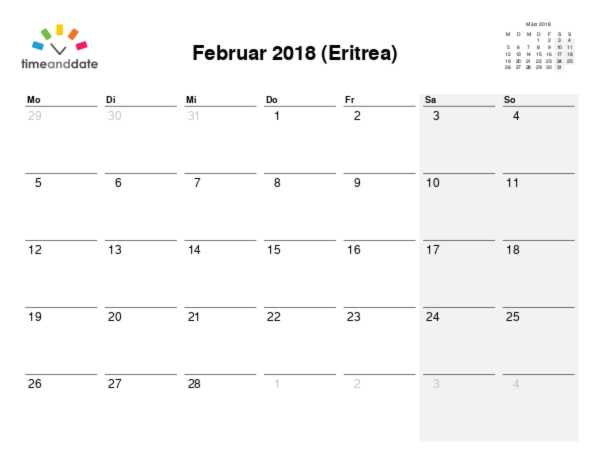 Kalender für 2018 in Eritrea