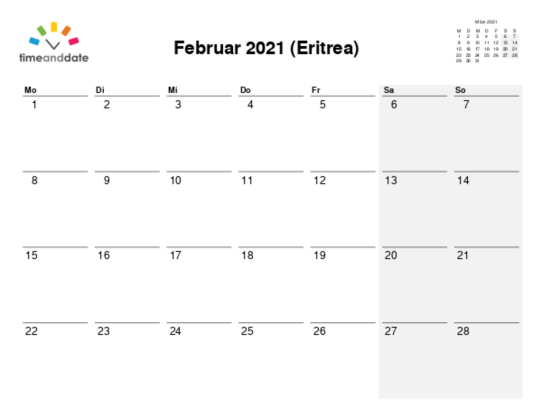 Kalender für 2021 in Eritrea