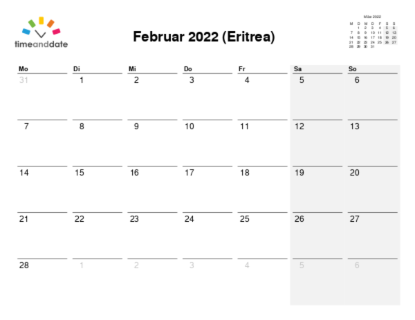 Kalender für 2022 in Eritrea