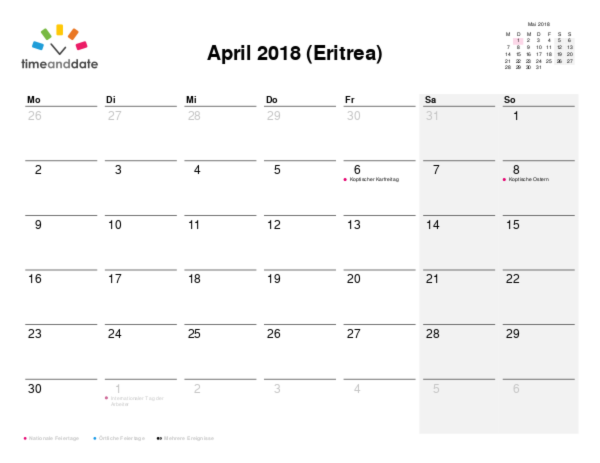 Kalender für 2018 in Eritrea