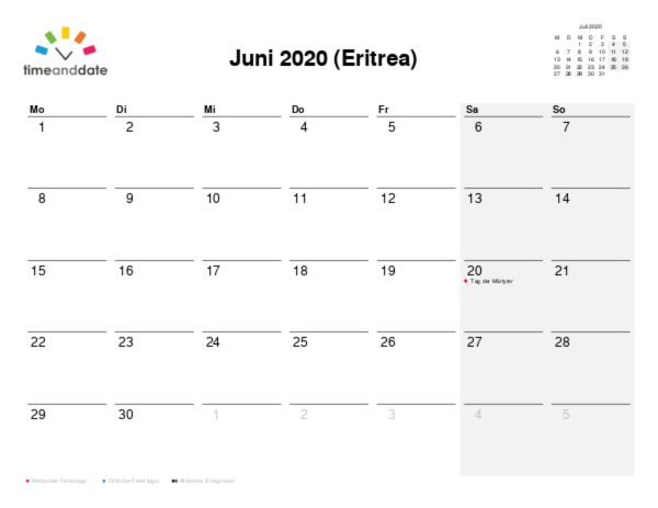 Kalender für 2020 in Eritrea