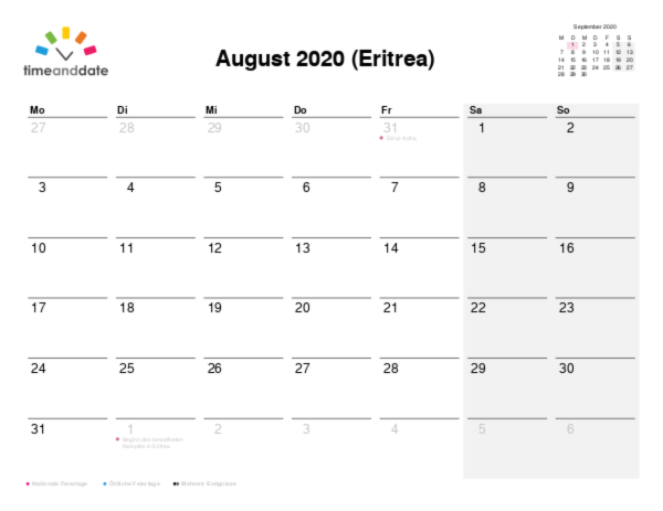Kalender für 2020 in Eritrea