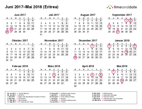 Kalender für 2017 in Eritrea