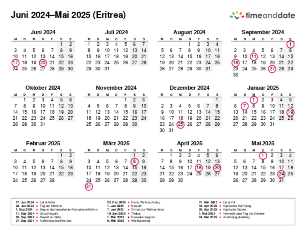 Kalender für 2024 in Eritrea