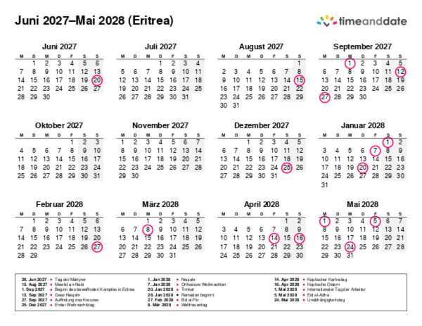 Kalender für 2027 in Eritrea