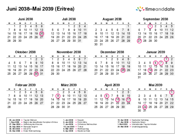 Kalender für 2038 in Eritrea