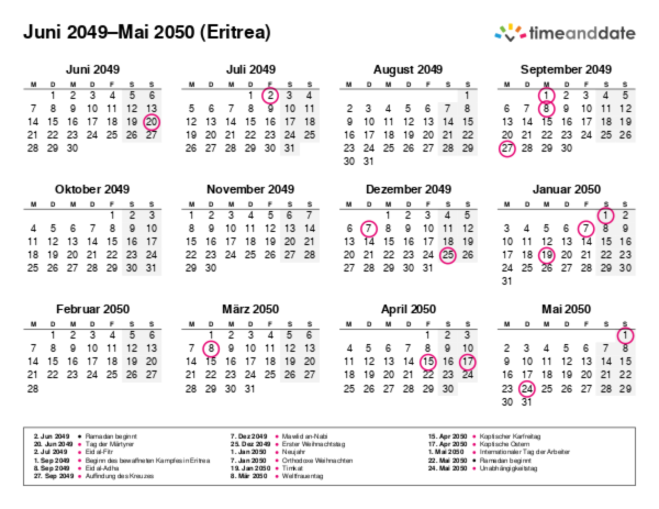 Kalender für 2049 in Eritrea