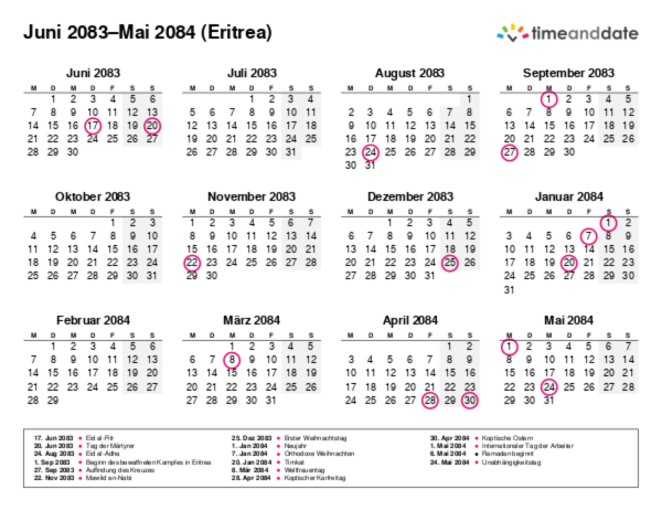 Kalender für 2083 in Eritrea