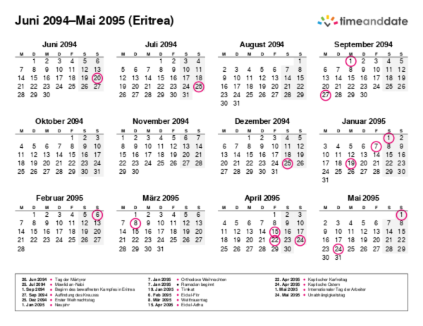 Kalender für 2094 in Eritrea
