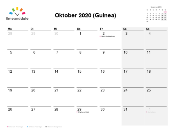 Kalender für 2020 in Guinea