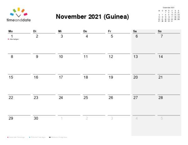 Kalender für 2021 in Guinea