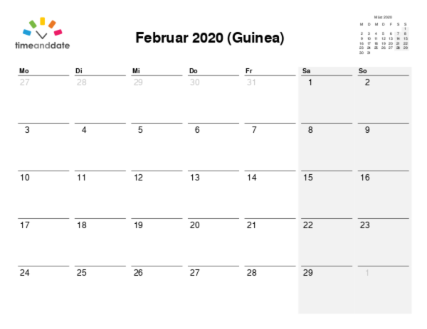Kalender für 2020 in Guinea