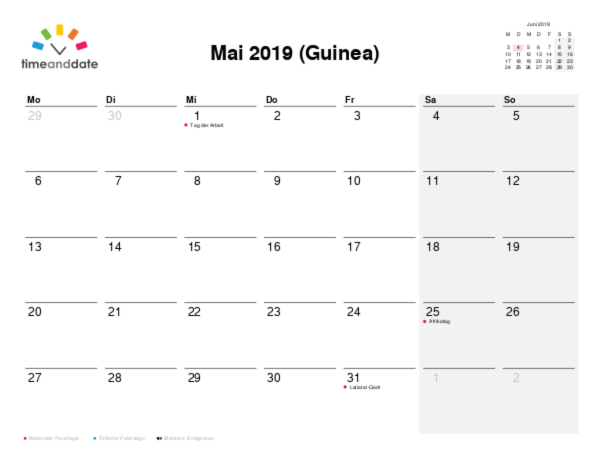 Kalender für 2019 in Guinea