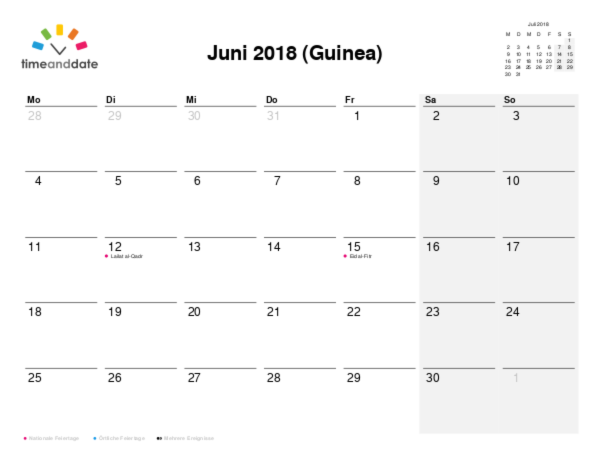 Kalender für 2018 in Guinea