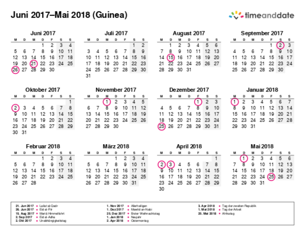 Kalender für 2017 in Guinea