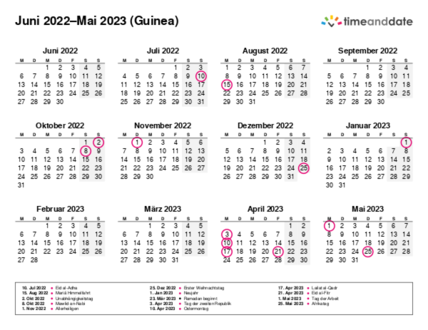 Kalender für 2022 in Guinea