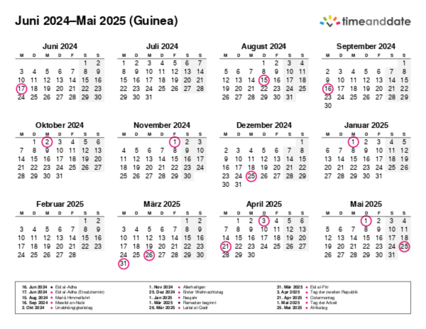 Kalender für 2024 in Guinea