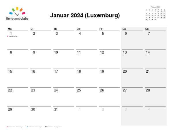 Kalender für 2024 in Luxemburg