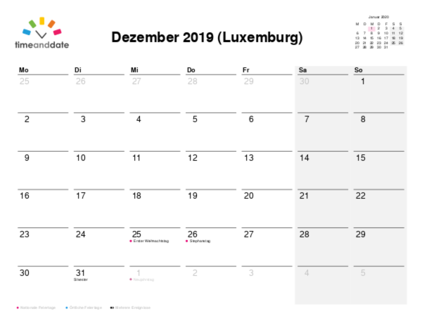 Kalender für 2019 in Luxemburg