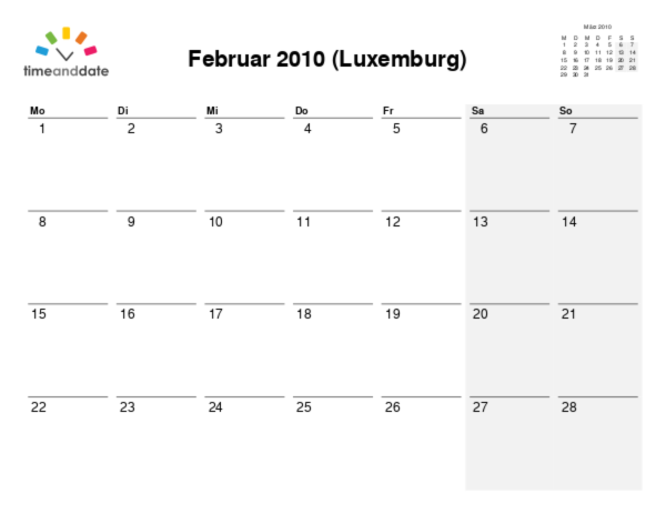 Kalender für 2010 in Luxemburg