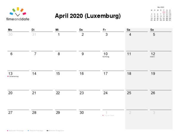 Kalender für 2020 in Luxemburg