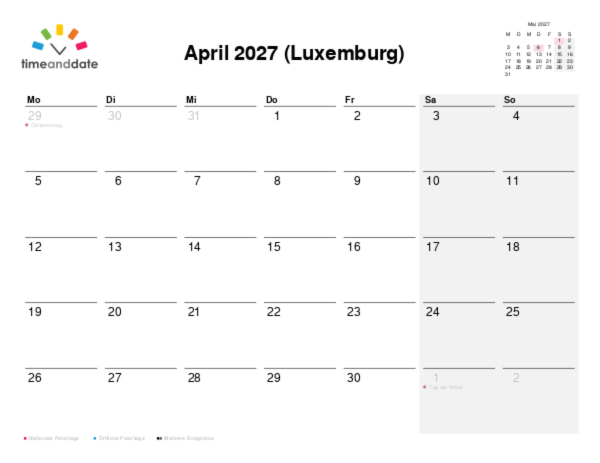 Kalender für 2027 in Luxemburg