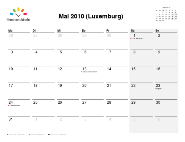 Kalender für 2010 in Luxemburg