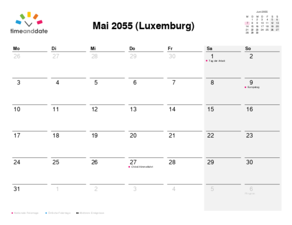 Kalender für 2055 in Luxemburg