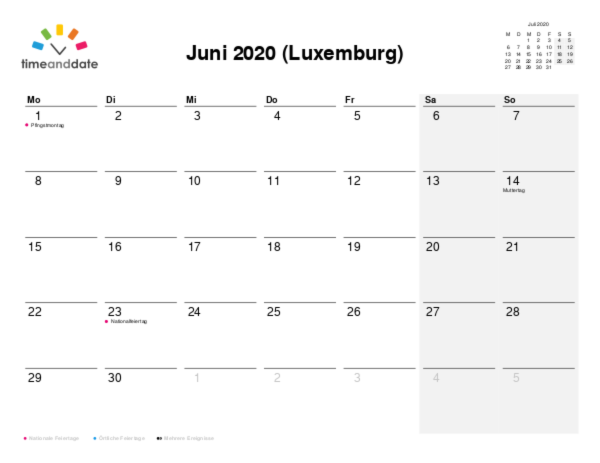 Kalender für 2020 in Luxemburg