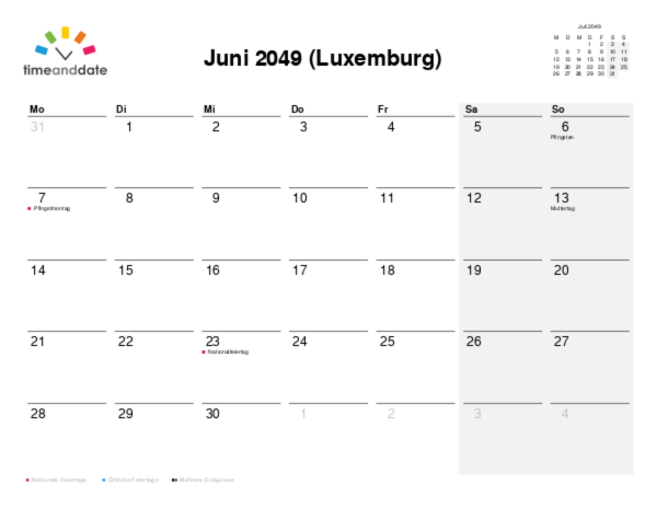 Kalender für 2049 in Luxemburg