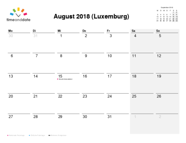 Kalender für 2018 in Luxemburg